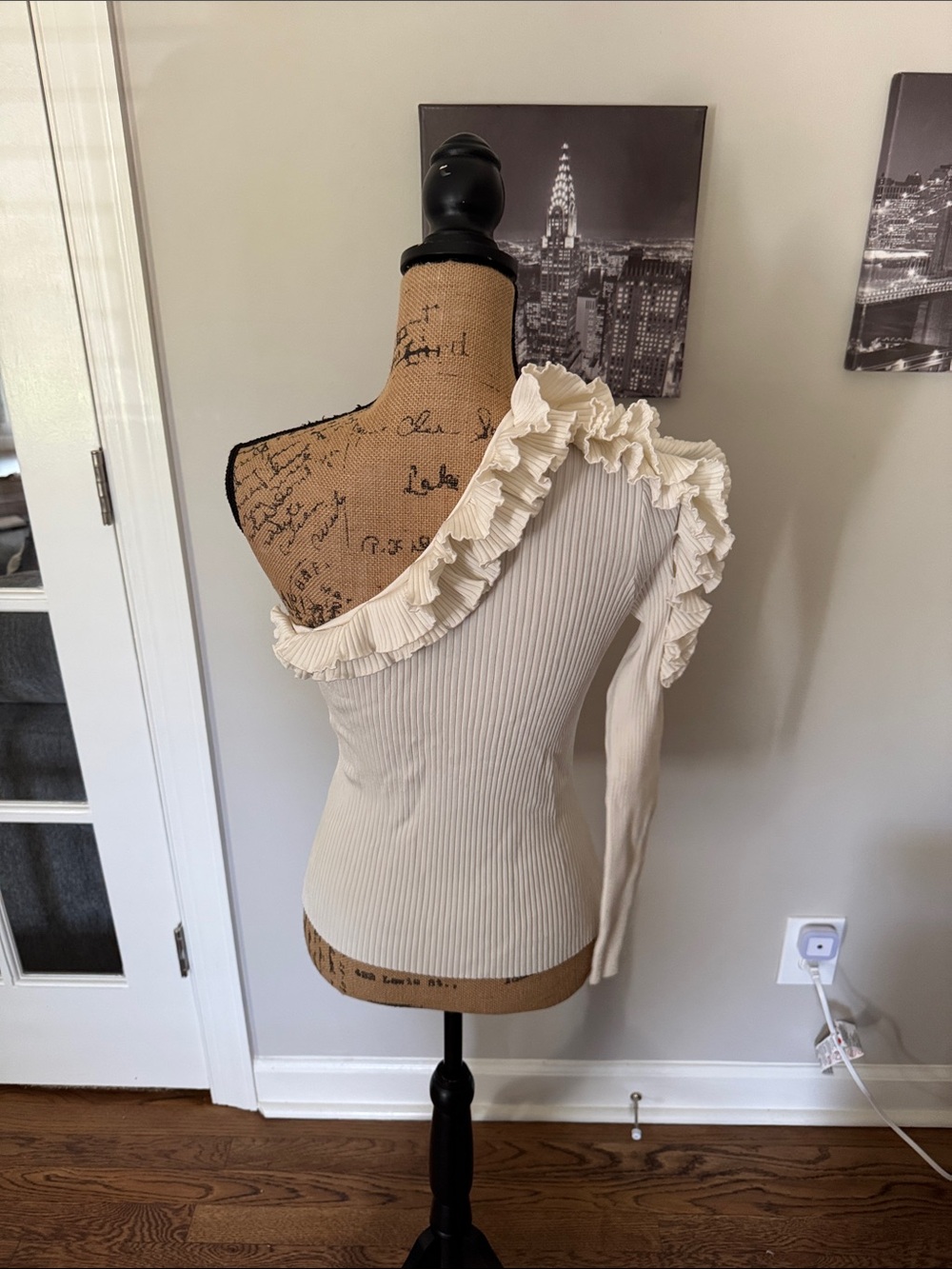 Zimmermann Cream One-Shoulder Ruffle Ribbed Top - Picture 3 of 5